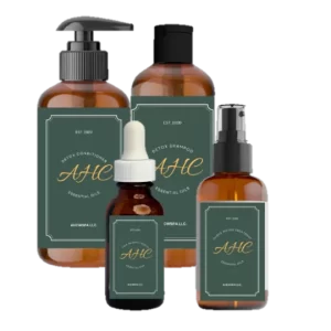 Four bottles of ahc products on a white background.